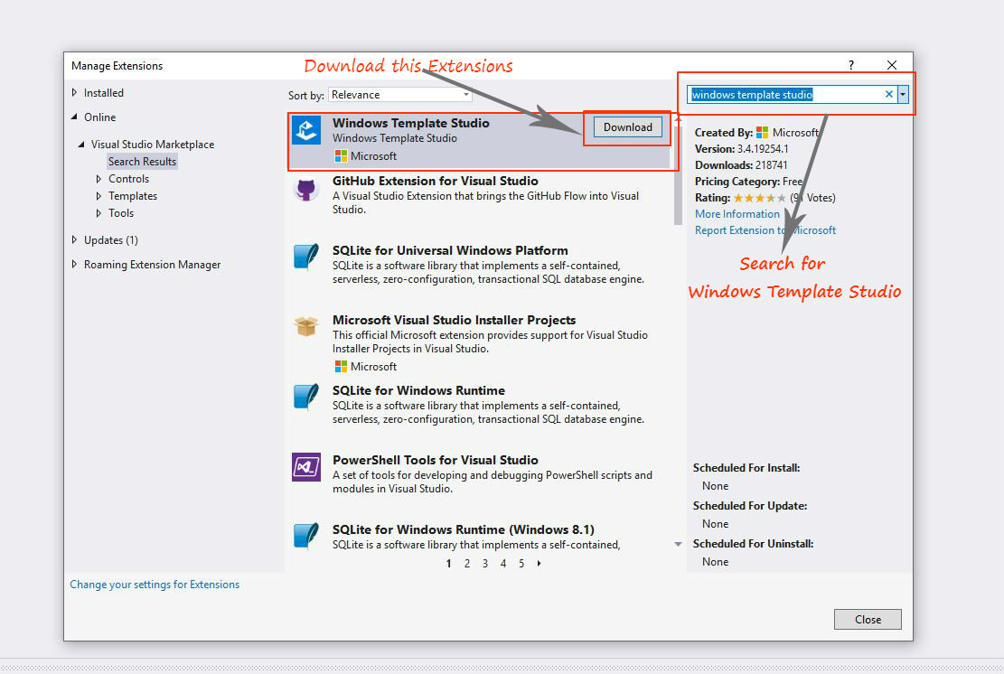 Manage Extensions Visual studio 2019 for WTS