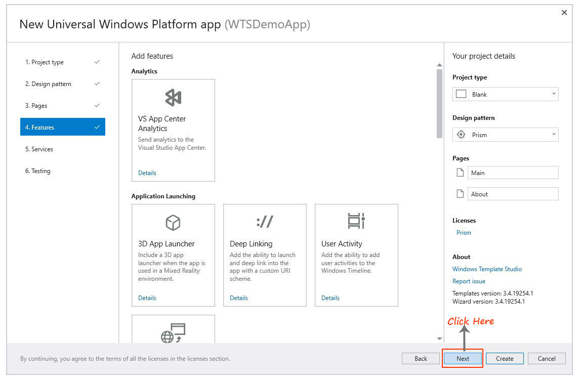 Windows Template Studio features for UWP app