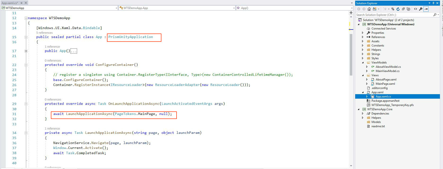 Windows Template Studio Prism uwp project