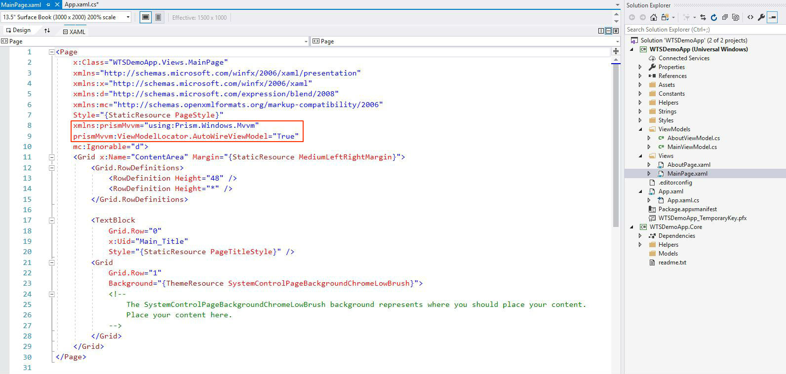 Windows Template Studio main page xaml