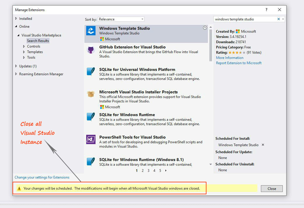 Manage Extensions windows template studio