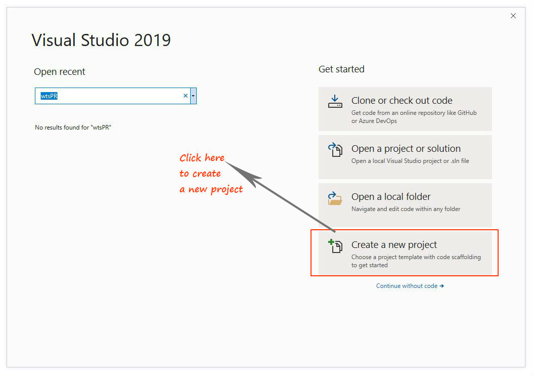  create a new project in Visual studio 2019