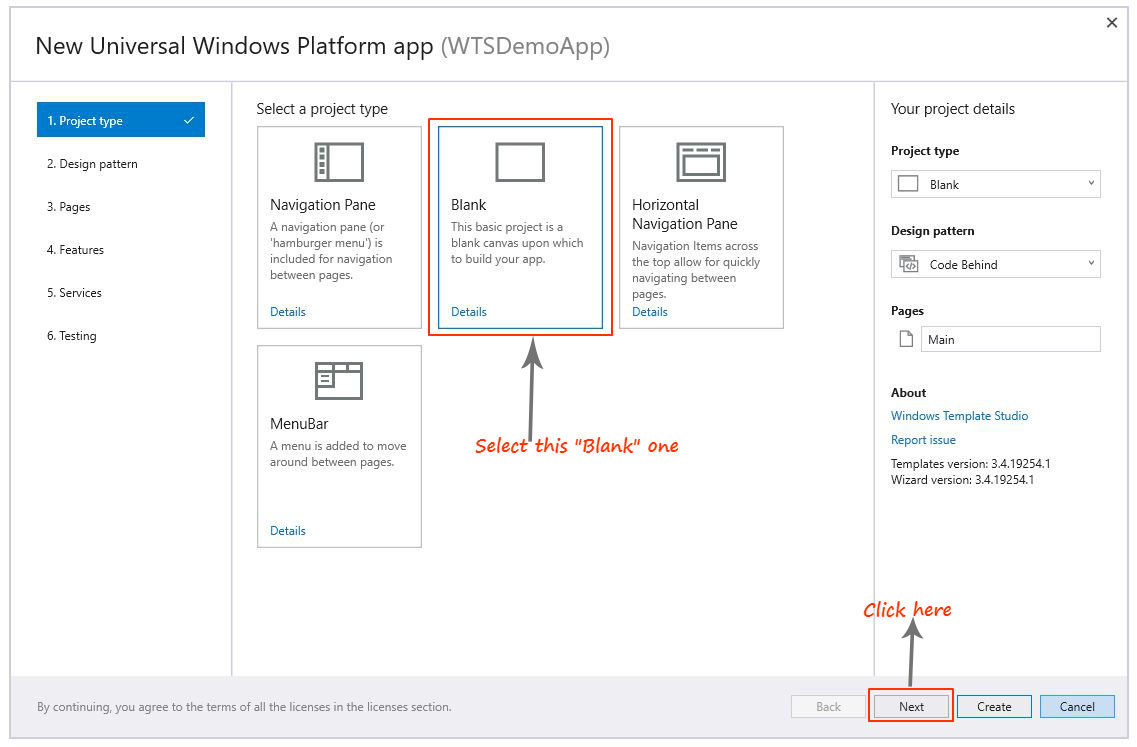 window template studio project types